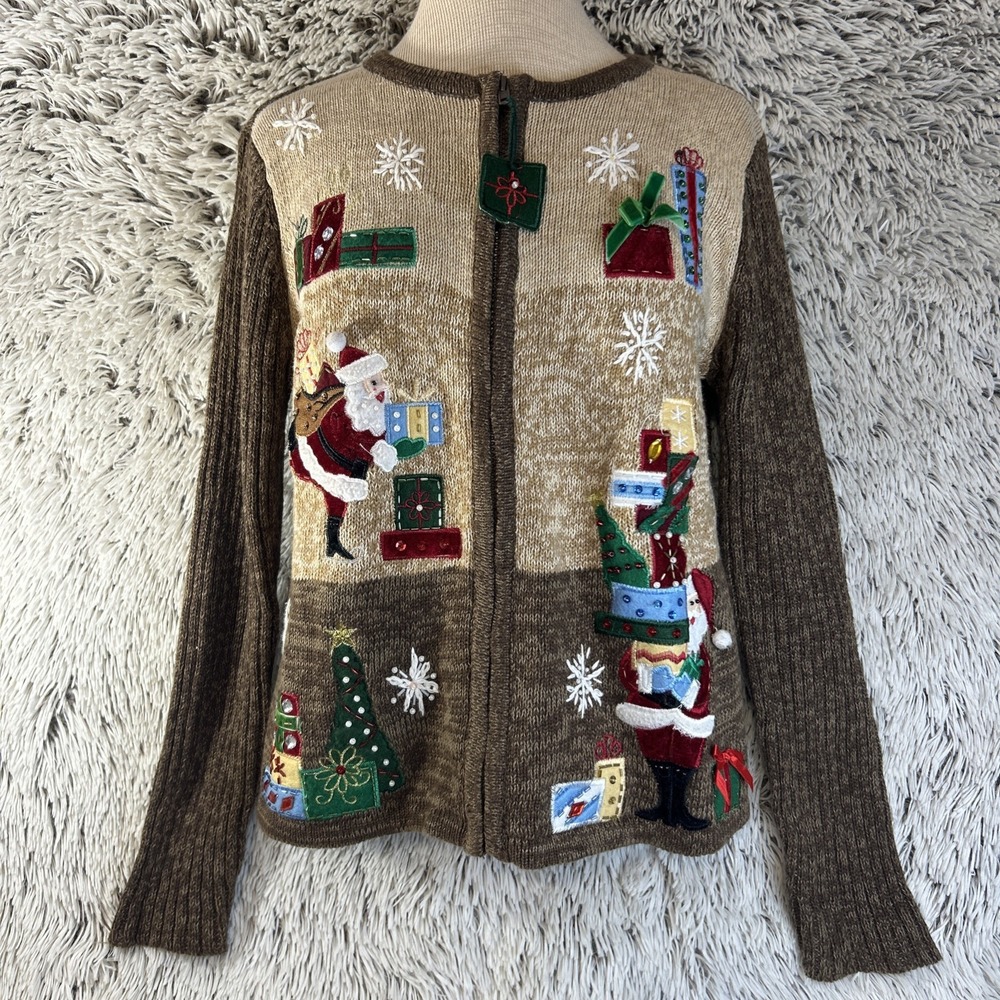 Tiara International Christmas Sweater Santa Snowflakes Small Cardigan Full‎ Zip